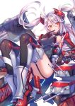  1girl azur_lane bangs blush boots breasts brown_hair choker commentary_request elbow_rest eyebrows_visible_through_hair finger_to_mouth floating_hair garter_straps hair_between_eyes headgear highres iron_cross large_breasts long_hair looking_at_viewer mole multicolored_hair parted_lips prinz_eugen_(azur_lane) redhead rigging rudder_footwear silver_hair sitting solo streaked_hair swept_bangs thigh-highs thigh_boots two_side_up very_long_hair zoff_(daria) 