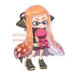  1girl 1other 2019 artist_name blue_eyes cloak closed_eyes commentary dated full_body headphones holding inkling matchaneko octoling orange_hair short_shorts shorts simple_background splatoon_(series) splatoon_2 splatoon_2:_octo_expansion standing tentacle_hair tentacles white_background 