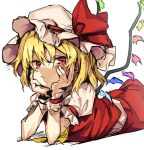 1girl ascot blonde_hair closed_mouth crystal eyes_visible_through_hair flandre_scarlet frilled_sleeves frills hair_between_eyes hands_on_own_cheeks hands_on_own_face hat hat_ribbon light_blush looking_at_viewer lying manarou medium_hair mob_cap on_stomach puffy_short_sleeves puffy_sleeves red_eyes red_ribbon red_skirt red_vest ribbon short_sleeves simple_background sketch skirt skirt_set solo touhou tsurime vest white_background wings wrist_cuffs yellow_neckwear 