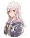 1girl blush book brown_eyes brown_gloves cloak female_my_unit_(fire_emblem:_kakusei) fire_emblem fire_emblem:_kakusei gloves hood hooded_cloak lips long_hair long_sleeves looking_at_viewer my_unit_(fire_emblem:_kakusei) niko_(aiai03012) silver_hair simple_background solo upper_body wet wet_hair white_background 