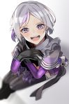  1girl aogisa bangs black_footwear black_gloves blurry boots commentary_request cross-laced_footwear depth_of_field girls_frontline gloves grey_hair highres lace-up_boots looking_at_viewer multicolored_hair open_mouth purple_hair see-through_sleeves short_hair sitting smile solo streaked_hair thigh-highs thigh_boots thompson/center_contender_(girls_frontline) violet_eyes 