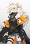  1girl absurdres bare_shoulders belt black_gloves blue_legwear breasts double-breasted girls_frontline gloves goggles goggles_around_neck gun hair_between_eyes highres holding holding_gun holding_weapon huge_filesize jacket knife kunoki_toki long_hair off_shoulder parted_lips pkp_(girls_frontline) pleated_skirt sheath sheathed side_ponytail silver_hair single_thighhigh skirt small_breasts solo thigh-highs thigh_strap very_long_hair weapon yellow_eyes 