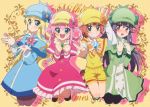  4girls aqua_dress arm_up blonde_hair blue_eyes blue_headwear blush bow brown_legwear buttons closed_mouth cordelia_glauca dress green_dress green_eyes grin hat hat_bow hercule_barton leggings long_hair long_sleeves multiple_girls open_mouth orange_bow pantyhose parted_lips pink_bow pink_hair red_dress sherlock_shellingford shirt short_hair shorts smile tantei_opera_milky_holmes teeth u-ka_(pixiv5407) v very_long_hair yellow_shirt yellow_shorts yuzurizaki_nero 