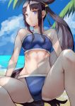  1girl 55level arm_support bangs bare_arms bare_legs beach bikini black_hair blue_bikini blunt_bangs breasts closed_mouth clouds cloudy_sky collarbone day fate/grand_order fate_(series) hair_bun highres long_hair looking_at_viewer looking_to_the_side medium_breasts navel ocean outdoors palm_tree parted_bangs pouty_lips side_ponytail sidelocks sitting sky solo spread_legs swimsuit thighs tree ushiwakamaru_(fate/grand_order) ushiwakamaru_(swimsuit_assassin)_(fate) very_long_hair violet_eyes 