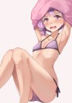 1girl armpits arms_up bare_legs bikini blush collarbone commentary_request feet_out_of_frame flat_chest highres kanzen_bouon knees_together_feet_apart knees_up looking_at_viewer nose_blush open_mouth pink_shirt purple_bikini purple_hair purple_ribbon ribbon shirt short_hair side-tie_bikini sitting solo sweat swimsuit undressing v-shaped_eyebrows violet_eyes voiceroid yuzuki_yukari 
