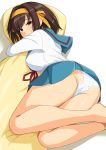  1girl absurdres ass bare_legs barefoot blush breasts brown_eyes brown_hair dakimakura_(object) hairband haruhisky highres hug kita_high_school_uniform lace lace-trimmed_panties long_sleeves looking_at_viewer medium_hair paid_reward panties patreon_reward pillow pillow_hug sailor_collar school_uniform serafuku shiny shiny_hair shiny_skin simple_background skirt solo suzumiya_haruhi suzumiya_haruhi_no_yuuutsu underwear white_background white_panties 