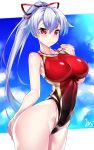  1girl absurdres blue_sky breasts clouds collarbone commentary_request competition_swimsuit cowboy_shot fate/grand_order fate_(series) gradient_swimsuit headband highleg highleg_swimsuit highres long_hair looking_at_viewer medium_breasts one-piece_swimsuit ponytail red_eyes red_ribbon red_swimsuit ribbon silver_hair sky solo standing swimsuit tomoe_gozen_(fate/grand_order) very_long_hair watosu_(watosu_mama) whistle whistle_around_neck 