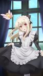  1girl absurdres alternate_costume apron black_bow black_shirt black_skirt blonde_hair blush bow day enmaided eyebrows_visible_through_hair fate/kaleid_liner_prisma_illya fate_(series) floating_hair hair_between_eyes hair_bow highres illyasviel_von_einzbern indoors long_hair long_skirt long_sleeves looking_at_viewer magical_ruby maid maid_headdress neck_ribbon official_art open_mouth red_eyes red_ribbon ribbon shirt skirt skirt_hold solo standing white_apron white_legwear window 