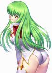  1girl ass bangs breasts c.c. closed_mouth code_geass commentary from_behind garter_straps green_hair highres jacket legs_together leotard long_hair long_sleeves looking_at_viewer looking_back medium_breasts nasaniliu shiny shiny_hair shiny_skin smile solo standing thigh-highs white_legwear white_leotard yellow_eyes 