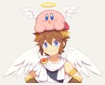  1boy 1other angel angel_wings blue_eyes blush bracer brown_hair company_connection hair_ornament hal_laboratory_inc. halo hoshi_no_kirby hoshi_no_kirby_kagami_no_daimeikyuu jewelry kid_icarus kid_icarus_uprising kirby kirby_(series) looking_at_viewer male_focus nintendo open_mouth palutena_no_kagami pink_puff_ball pit_(kid_icarus) short_hair simple_background smile sora_(company) super_smash_bros. super_smash_bros_brawl wings wusagi2 
