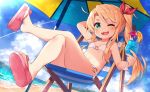  1girl ;3 ;d arm_up bangs bare_arms bare_shoulders beach bikini blonde_hair blue_sky blush chair clouds collarbone commentary crossed_legs cup day drink drinking_glass dutch_angle eyebrows_visible_through_hair fingernails green_eyes hair_ribbon hand_behind_head high_ponytail himesaka_noa holding holding_cup legs long_hair lounge_chair o-ring o-ring_bikini o-ring_bottom o-ring_top on_chair one_eye_closed open_mouth outdoors pink_footwear red_ribbon ribbon sand sandals side_ponytail sidelocks sitting sky smile solo striped swimsuit thick_eyebrows tropical_drink very_long_hair watashi_ni_tenshi_ga_maiorita! water white_bikini yuuuuu 