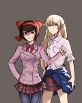  2girls absurdres blonde_hair blue_eyes brown_hair clothes_around_waist commentary girls_und_panzer girls_und_panzer_ribbon_no_musha grey_background hair_ribbon hand_on_hip highres jacket_around_waist long_hair matsukaze_rin mole mole_under_eye multiple_girls okutorinno pantyhose plaid plaid_skirt red_eyes red_ribbon ribbon school_uniform shirt short_hair skirt tatenashi_high_school_uniform tsuruki_shizuka white_shirt 