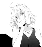  1girl absurdres ahoge bare_shoulders casual cheek_rest cross cross_necklace fate/grand_order fate_(series) greyscale highres jeanne_d&#039;arc_(alter)_(fate) jeanne_d&#039;arc_(fate)_(all) jewelry monochrome necklace short_hair smile tsukamoto_minori 