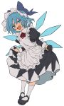  1girl :d adapted_costume alternate_costume apron black_dress black_footwear blue_bow blue_eyes blue_hair bow bowing cirno dress dutch_angle enmaided eyebrows_visible_through_hair eyes_visible_through_hair flat_color frilled_apron frills full_body hair_bow highres ice ice_wings juliet_sleeves kneehighs light_blush long_sleeves looking_at_viewer maid maid_apron maid_headdress manarou mary_janes neck_ribbon open_mouth puffy_sleeves red_neckwear red_ribbon ribbon shoes simple_background skirt_hold smile smug solo standing touhou white_apron white_background white_legwear wing_collar wings 