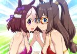  2girls animal_ears bikini_top blue_eyes bow breasts brown_hair el_condor_pasa holding_hands horse_ears long_hair mask medium_breasts multicolored_hair multiple_girls ponytail smile sparkle_background special_week strap_gap swimsuit two-tone_hair ueyama_michirou umamusume violet_eyes 