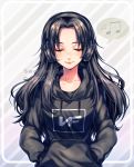  1girl artist_name black_hair blush breasts closed_eyes closed_mouth commission drawstring facing_viewer hands_in_pockets headphones highres hood hood_down hoodie long_hair medium_breasts musical_note original sasucchi95 smile solo speech_bubble spoken_musical_note watermark 