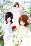  3girls :d absurdres arch arm_up black_hair bouquet bridal_gauntlets bridal_veil brown_eyes brown_hair collarbone dress flower hair_flower hair_ornament hibike!_euphonium highres hisaishi_kanade holding holding_flower ikeda_shouko jewelry kousaka_reina long_hair medium_hair multiple_girls necklace official_art open_mouth oumae_kumiko outdoors petals plant railing ribbon rose smile standing stone_wall veil vines violet_eyes wall wedding_dress white_dress white_flower 