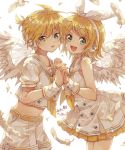  1boy 1girl :d ahoge bass_clef belt blonde_hair bow commentary cowboy_shot dated double-breasted dress feathered_wings feathers frilled_dress frills green_eyes hair_bow hair_ornament hairclip hana_(mew) headphones holding_hands kagamine_len kagamine_rin looking_at_viewer neck_ribbon necktie open_mouth ponytail ribbon sailor_collar shirt short_hair short_sleeves shorts smile symmetry tongue tongue_out treble_clef vocaloid white_background white_bow white_dress white_shirt wings wrist_cuffs yellow_belt yellow_neckwear 