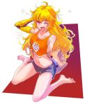  1girl ahoge blonde_hair breasts collarbone commentary highres iesupa large_breasts long_hair messy_hair midriff navel one_eye_closed pillow prosthesis prosthetic_arm rwby short_shorts shorts solo tank_top violet_eyes wavy_hair yang_xiao_long yawning 