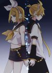  1boy 1girl arms_at_sides back-to-back bare_legs belt black_background black_sailor_collar black_shorts blonde_hair blue_background blue_eyes cube dark_background detached_sleeves expressionless flat_chest glowing gradient gradient_background hair_ribbon half-closed_eyes headset kagamine_len kagamine_rin looking_away looking_back midriff navel necktie number_tattoo parted_lips profile puffy_short_sleeves puffy_sleeves ribbon ryou_(fallxalice) sailor_collar see-through shirt short_hair short_sleeves shorts shoulder_tattoo simple_background sleeveless sleeveless_shirt standing tattoo thighs vocaloid white_background white_ribbon white_shirt yellow_neckwear yellow_ribbon 