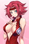  1girl blue_eyes blush breasts code_geass eyebrows_visible_through_hair headband highres kallen_stadtfeld large_breasts looking_at_viewer nasaniliu open_clothes red_headband redhead short_hair simple_background solo 