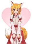  1girl :3 animal_ears blonde_hair blush brown_eyes closed_mouth eyebrows_visible_through_hair flower fox_ears fox_tail hair_flower hair_ornament highres iwbitu-sa japanese_clothes long_sleeves looking_at_viewer miko senko_(sewayaki_kitsune_no_senko-san) sewayaki_kitsune_no_senko-san short_hair smile solo tail 