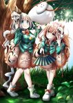  2girls blue_eyes breasts commentary_request cosplay grass hannya hata_no_kokoro hata_no_kokoro_(cosplay) highres konpaku_youmu konpaku_youmu_(ghost) large_breasts long_hair mask multiple_girls no_panties outdoors pegashi pink_eyes pink_hair short_hair smile touhou tree white_hair 