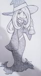  1girl collar commentary doodle english_commentary eyes_visible_through_hair flask full_body greyscale hair_over_one_eye half-closed_eyes hat holding initial little_witch_academia long_hair looking_at_viewer luna_nova_school_uniform monochrome photo potion school_uniform shadow sharp_teeth signature smile solo sucy_manbavaran teeth theironmountain traditional_media watermark wide_sleeves witch witch_hat 
