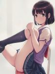  1girl asou_(asabu202) blush brown_eyes brown_hair chair highres katou_megumi knee_to_chest kneehighs loafers looking_at_viewer saenai_heroine_no_sodatekata school_chair school_uniform shoes short_hair skirt solo thighs white_background 