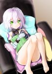  1girl aoi_usagi_(marinebluerabbit) bandaged_arm bandages bare_legs barefoot breasts commentary_request facial_scar fate/apocrypha fate/grand_order fate_(series) green_eyes grey_hair jack_the_ripper_(fate/apocrypha) looking_at_viewer scar scar_across_eye scar_on_cheek short_hair shoulder_tattoo small_breasts smile solo tattoo 