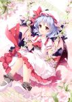  1girl :d absurdres ascot bangs bat_wings beamed_eighth_notes black_legwear blush bobby_socks eighth_note eyebrows_visible_through_hair feet_out_of_frame flower frilled_shirt_collar frilled_skirt frilled_sleeves frills hat hat_ribbon highres knees_together_feet_apart lavender_hair looking_at_viewer mary_janes mob_cap mochizuki_shiina musical_note open_mouth petals pink_flower pink_rose puffy_short_sleeves puffy_sleeves red_eyes red_neckwear red_ribbon remilia_scarlet ribbon rose scan shirt shoes short_hair short_sleeves sitting skirt skirt_set smile socks solo staff_(music) swing touhou watermark white_footwear white_headwear white_shirt white_skirt wings 