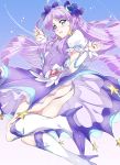  1girl absurdres ahoge ass blue_eyes blush breasts choker commentary covered_nipples cure_selene dress hair_ornament highres impossible_clothes jewelry kaguya_madoka long_hair looking_at_viewer magical_girl niko_(tama) open_mouth precure purple_dress purple_hair shiny shiny_clothes shiny_hair shiny_skin small_breasts smile solo star star_twinkle_precure thigh-highs wrist_cuffs 