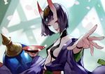  1girl 55level alcohol bangs bare_shoulders blurry blurry_background bob_cut breasts choker collarbone commentary cup eyeliner fang fate/grand_order fate_(series) gem glint hands_up head_tilt headpiece holding holding_cup horns japanese_clothes kimono long_sleeves looking_at_viewer looking_to_the_side makeup off_shoulder oni oni_horns open_clothes open_kimono outstretched_arm outstretched_hand petals purple_hair purple_kimono revealing_clothes sakazuki sake sash short_eyebrows short_hair shuten_douji_(fate/grand_order) small_breasts smile solo upper_body violet_eyes 