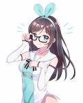  1girl a.i._channel absurdres alternate_color bare_shoulders black-framed_eyewear blue_eyes blue_hair breasts brown_hair closed_mouth commentary_request detached_sleeves glasses hairband hand_on_eyewear hand_on_own_chest hand_up highres kizuna_ai long_hair long_sleeves looking_at_viewer medium_breasts multicolored_hair neginoki notice_lines sailor_collar shirt simple_background smile solo streaked_hair upper_body virtual_youtuber white_background white_sailor_collar white_shirt 