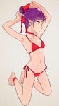  1girl akagi_(fmttps) ankle_ribbon armpits arms_up bangs bare_shoulders bikini blush bow choker collarbone full_body gegege_no_kitarou hair_bow halter_top halterneck highres kneeling navel nekomusume nekomusume_(gegege_no_kitarou_6) pointy_ears purple_hair red_bikini red_bow red_choker red_ribbon ribbon short_hair side-tie_bikini simple_background solo swimsuit yellow_eyes 