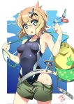  1girl akatsuki_kirika backpack bag bare_shoulders belt blonde_hair blue_swimsuit blush breasts commentary_request competition_school_swimsuit covered_navel green_eyes gummyrise hair_ornament impossible_clothes impossible_swimsuit key medium_breasts open_mouth school_swimsuit senki_zesshou_symphogear shiny shiny_hair shiny_skin short_hair shorts solo standing swimsuit swimsuit_under_clothes x_hair_ornament 