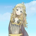  1girl ahoge arms_behind_back blonde_hair blue_eyes blue_sky cape center_opening circlet closed_mouth clouds commentary_request covered_navel fire_emblem fire_emblem_if long_hair ophelia_(fire_emblem_if) pirihiba sky smile solo twitter_username upper_body 