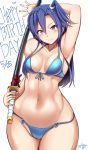  1girl ahoge arm_up armpits bikini blue_bikini blue_hair blush breasts closed_mouth commentary_request dated happy_birthday katana kazanari_tsubasa legs_together long_hair looking_at_viewer medium_breasts navel one_side_up senki_zesshou_symphogear shiny shiny_hair shiny_skin simple_background smile solo standing swimsuit sword thighs toned violet_eyes weapon white_background yottan 