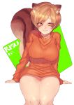  1girl animal_ears arm_support bangs breasts brown_eyes brown_hair dotsuco dress eyebrows_visible_through_hair highres invisible_chair large_breasts long_sleeves looking_at_viewer orange_sweater original panties pantyshot pantyshot_(sitting) ribbed_sweater short_hair sitting sleeves_past_wrists smile solo squirrel_ears squirrel_girl squirrel_tail sweater sweater_dress swept_bangs tail thighs turtleneck turtleneck_sweater underwear white_panties 