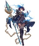  1girl alice_(sinoalice) armor asymmetrical_armor back_bow black_hair bow chain choker clock crossed_legs dress expressionless eyebrows_visible_through_hair full_body gauntlets hairband ji_no looking_at_viewer official_art polearm red_eyes ribbon short_hair shoulder_armor sinoalice solo spear thigh-highs thigh_strap transparent_background watson_cross weapon 