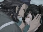  2boys beard black_hair brown_eyes closed_eyes dororo_(tezuka) facial_hair forehead-to-forehead hair_over_one_eye hands_on_another&#039;s_cheeks hands_on_another&#039;s_face hyakkimaru_(dororo) japanese_clothes jukai_(dororo) kimono long_hair multiple_boys open_mouth outdoors ponytail rain tasuki upper_body yama_(taiwan) 