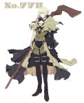  black_footwear boots bridal_gauntlets capelet clenched_hand full_body highres holding holding_staff mimikyu personification pokemon shioya_(soooooolt) simple_background staff standing stitches thigh-highs thigh_boots white_background white_hair 