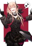  1girl :d absurdres bangs black_jacket black_pants blush breasts commentary eyebrows_visible_through_hair girls_frontline gloves hair_between_eyes half-closed_eyes hands_up headgear highres jacket kyo long_hair looking_at_viewer m4_sopmod_ii_(girls_frontline) mechanical_arm medium_breasts multicolored_hair musical_note open_mouth pants pink_hair red_eyes redhead scarf sidelocks smile solo spoken_musical_note streaked_hair 