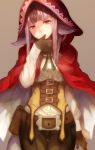  1girl animal_ears belt belt_pouch black_hair brown_gloves closed_mouth commentary_request fire_emblem fire_emblem_if gloves grey_background grey_hair hood hood_up jurge long_sleeves multicolored_hair pouch simple_background solo streaked_hair velour_(fire_emblem_if) wolf_ears 