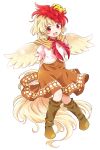  1girl :d arms_behind_back bird bird_wings blonde_hair blush boots brown_dress brown_footwear capelet chick dress eyebrows_visible_through_hair full_body head_tilt highres knee_boots knees_together_feet_apart layered_dress multicolored_hair neck_ribbon niwatari_kutaka open_mouth pote_(ptkan) puffy_short_sleeves puffy_sleeves red_eyes red_neckwear redhead ribbon short_hair short_sleeves simple_background sitting sitting_on_hand smile solo tail touhou two-tone_hair white_background wings 