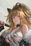  1girl animal_ears arknights bangs bare_shoulders black_nails blonde_hair blush breasts choker commentary covered_nipples fingernails fur_trim hair_between_eyes high_ponytail highres holding large_breasts lion_ears long_fingernails long_hair looking_at_viewer mouth_hold nail_polish off_shoulder sidelocks siege_(arknights) simple_background solo tank_top torn_clothes under_boob upper_body wet yellow_eyes youyi_(ww5413203) 