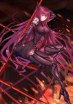  1girl absurdres black_legwear bodysuit boots breasts covered_navel fate/grand_order fate_(series) floating_hair full_body gae_bolg high_heel_boots high_heels highres holding holding_spear holding_weapon large_breasts long_hair polearm purple_hair red_eyes scathach_(fate)_(all) scathach_(fate/grand_order) shiny shiny_hair solo spear thigh-highs thigh_boots user_myea5333 very_long_hair weapon 