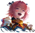  1boy armor astolfo_(fate) black_bow black_ribbon blush bow commentary eyebrows_visible_through_hair fang fate/apocrypha fate_(series) hair_intakes hair_ribbon half-closed_eyes highres imizu_(nitro_unknown) looking_at_viewer male_focus multicolored_hair open_mouth otoko_no_ko pauldrons pink_hair ribbon simple_background smile solo streaked_hair teeth upper_body violet_eyes white_background 