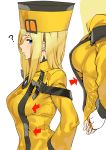  1girl ? arrow ashiomi_masato blonde_hair blue_eyes blush breasts coat commentary_request from_side guilty_gear hat long_sleeves medium_breasts millia_rage simple_background solo white_background yellow_coat yellow_headwear 