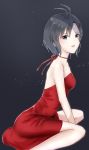  1girl :d absurdres antenna_hair backless_dress backless_outfit between_legs black_eyes black_hair breasts choker dress grey_background hair_between_eyes hand_between_legs highres idolmaster idolmaster_(classic) kikuchi_makoto looking_at_viewer medium_breasts mogskg open_mouth red_dress red_ribbon ribbon ribbon_choker short_dress short_hair sitting sleeveless sleeveless_dress smile solo strapless strapless_dress wariza 